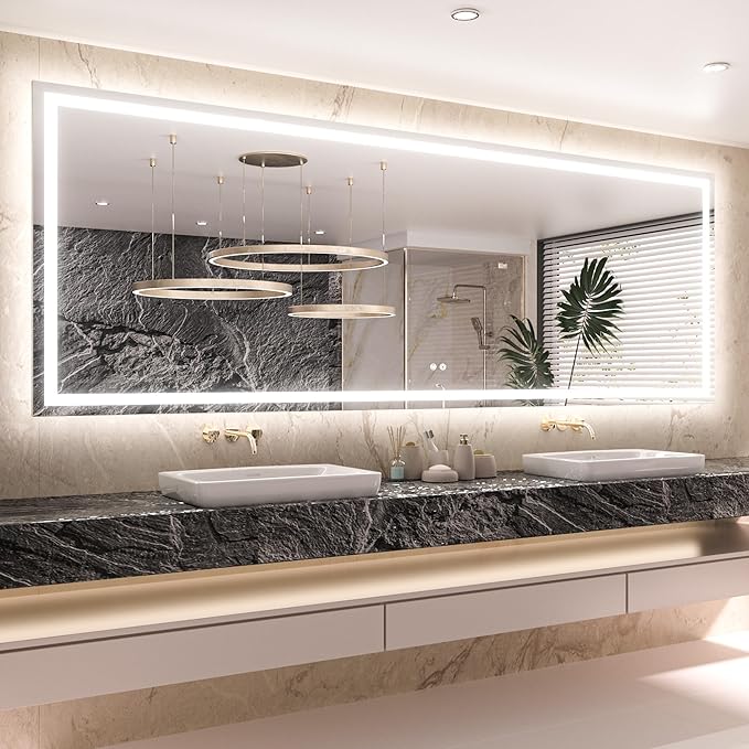 Keonjinn 96 ” x 36 ” Lighted Mirror for Bathroom Wall, LED Mirror with Frontlit & Backlit, Large Bathroom Mirror with Lights, Dimmable 3-Color Lights, HD Tempered Glass, UL-Listed LED Driver