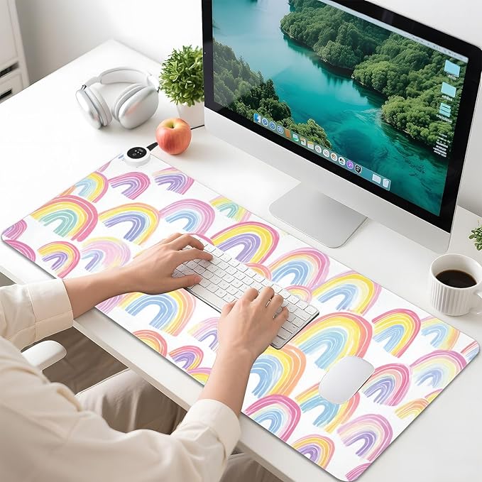 Heated Desk Pad Mouse Pad 31.5x13 Inch PU Leather Desk Mat with 3 Heat Levels Large Mouse Gaming Computer Laptop Mat Gradient Cute Rainbows