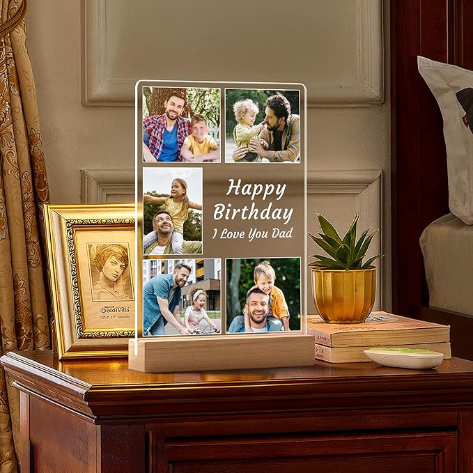 Personalized Birthday Gifts for Dad from Daughter Son, Custom Picture Frames with Night Light, Customized Photo Frame with Photos, Personalized Gifts for Dad, Baby, Kids, Family