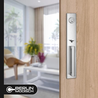 Berlin Modisch Full Escutcheon HandleSet Front Door Entry Handle and Deadbolt Lock Set Slim Square Single Cylinder Deadbolt and Lever Heavy Duty – Satin Nickel Finish