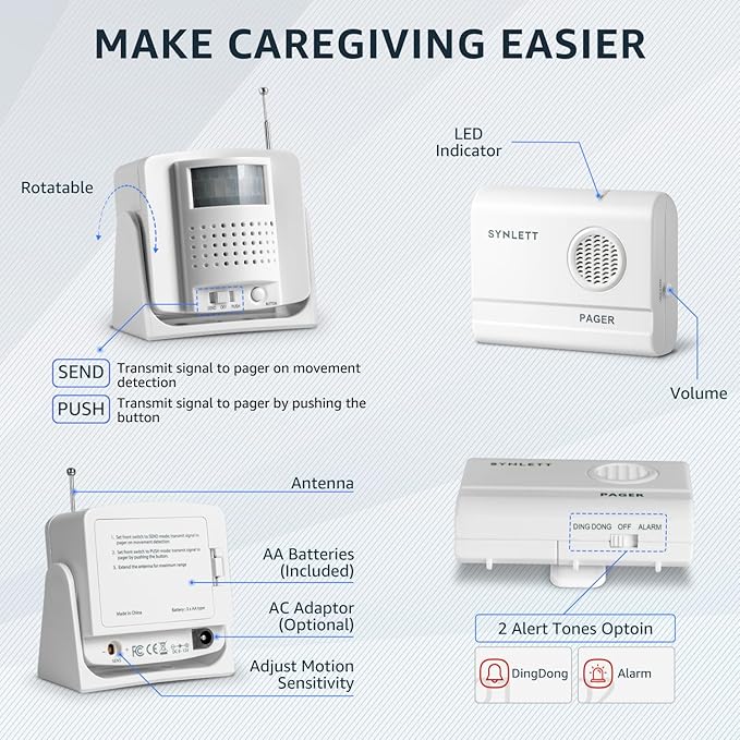 Bed Alarm Caregiver Pager with Wireless Motion Sensor Alarm Indoor Fall Prevention for Elderly Monitoring Seniors Dementia Patients Seniors Home Door Chime