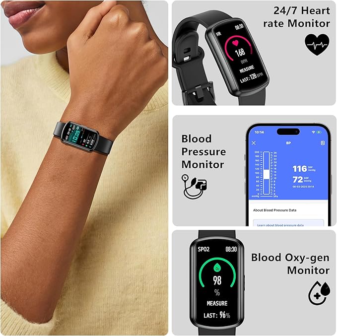 Health Fitness Tracker, Smart Watch with 24/7 Heart Rate, Activity Tracker with Blood Pressure and Blood Oxygen Monitor, 120 Sport Mode Waterproof Sleep Tracker for Women Men (Black)