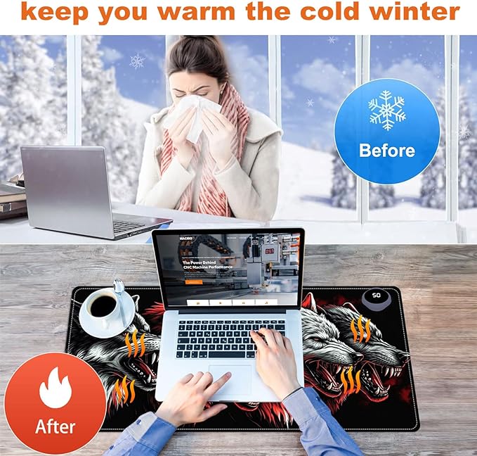 Small Heated Desk Pad 23.6" x 14.2" – Compact Electric Mouse Pad with 3 Heating Levels, Auto Shut-Off, Waterproof PU Surface, Plug-in Warmer for Office or Home Use, Four Wolves