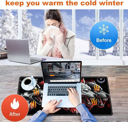 Small Heated Desk Pad 23.6" x 14.2" – Compact Electric Mouse Pad with 3 Heating Levels, Auto Shut-Off, Waterproof PU Surface, Plug-in Warmer for Office or Home Use, Four Wolves