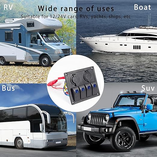 4 Gang Rocker Switch Panel - Multi-Function LED On-Off Switch with 3.1A Dual USB Charger, Waterproof Marine Switch Panel for Automotive Cars, Boats, RVs, SUVs