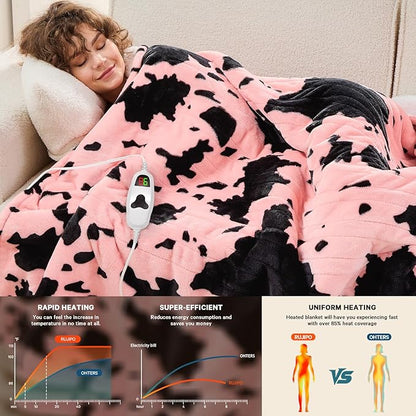 Cow Print Heated Electric Blanket Throw,50X60 Light Pink Heating Blanket with 10 Heats Levels & 8 Hours Auto Off,Highland Cow Stuff Fleece Sherpa Blankets Warmer Gifts for Women Adults Washable