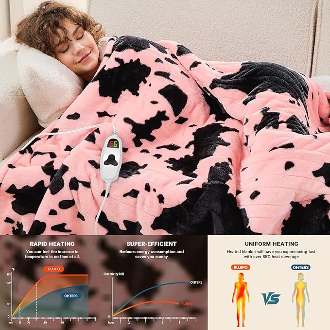 Cow Print Heated Electric Blanket Twin Size,62X84 Light Pink Heating Blanket with 10 Heats Levels & 8 Hours Auto Off,Highland Cow Fleece Sherpa Blankets Warmer Gifts for Women Adults,Washable