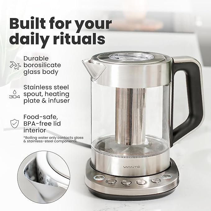 Vianté Electric Kettle With Infuser For Loose Leaf. Hot Tea Maker With Temperature Control And Automatic Shut Off. Tea Kettle With Brewing Programs. 1.5 Liters Capacity
