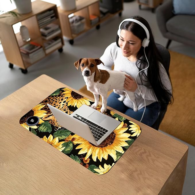 Heated Mouse Pad with 3 Temperature Settings(104°F–122°F),Large 24x14.2 Inch PU Leather Heated Desk Mat,Waterproof Warming Pad for Office,Gaming & Cold Hands Relief,Sunflowers Leopard Print