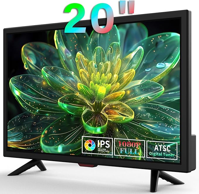 TV 20 inch,Full Viewing Angles 1080P HD,Small Kitchen Wall-Mounted Digital TV-HDMI/USB Ports-Dual Power DC-12V& AC Adapter Inputs for Your Caravan & Bedroom