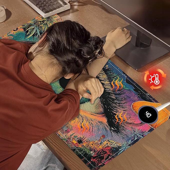 Heated Mouse Pad 23.6 x 14 in 3-Temp Fast Heating Desk Mat with Auto Timer Warmer for Hands Wrist Pain Relief Waterproof Keyboard Mat for Office, Gaming, Home, Colorful Eye Art