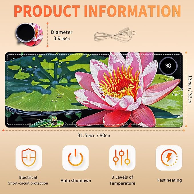 Heated Mouse Pad, Warm Desk Pad, Keyboard Mat 31.5 x 13 Inch Large Size Intelligent Fast Heating, 3 Speed Adjustable, Timed Auto Power Off for Game Office Home,Lotus Flower