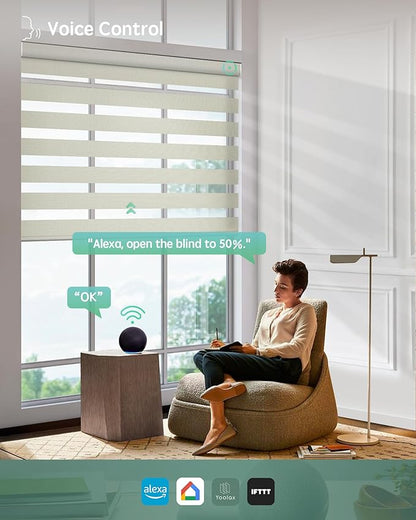 Yoolax Motorized Zebra Blinds Compatible with Alexa,Motorized Blinds with Remote Smart Automatic Custom Electric Window Blinds Cordless Indoor Blackout for Home Bedroom Kitchen (Striped Gold)