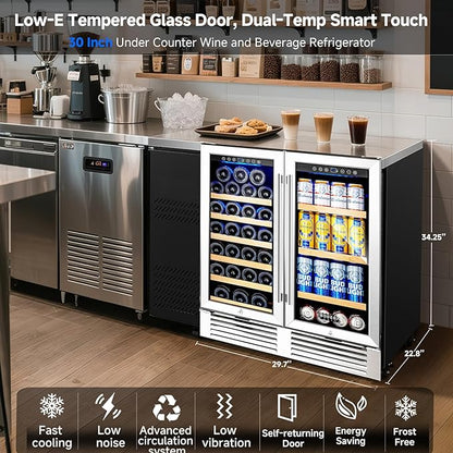 BODEGACOOLER Back Bar Cooler With 2 Glass Doors,30 Inch Wine and Beverage Refrigerator with Digital Touch,Counter Height Commercial Beverage Refrigerator, Beverage Cooler Holds 31 Bottles and 92 Cans.