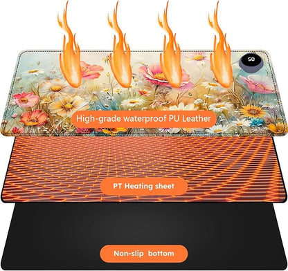Heated Mouse Pad with 3 Levels Heated & 3 Hours Auto Shut-Off Mouse Pad for Warming Hands in Office Home, 23.6" x 14.2"Large Safe Desk Mat Hand Warmer，Colorful Flowers