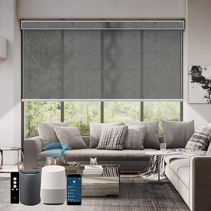 SmartWings Motorized Roller Shades 5% Openness Work with Homekit, Alexa SmartThings Google, Zigbee Motor Smart Blinds for Windows, Cordless Remote Control Window Shades, Customized, Charcoal Grey