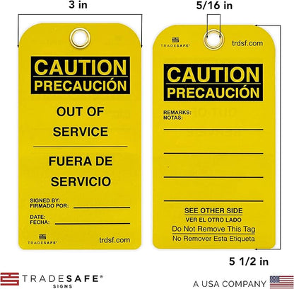 TRADESAFE Bilingual Out of Service Tags, Fuera de Servicio - 30 Yellow Caution Sign with 30 Cable Ties, Durable 32 mil Vinyl, Caution Tags for Equipment Repair or Service, Accident Prevention