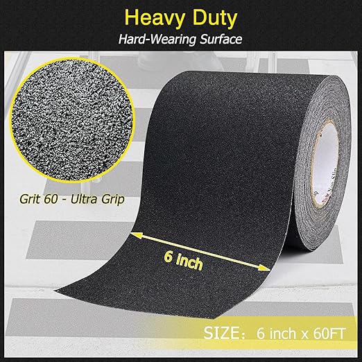 S&X Anti Slip Tape 6 Inch x 60 FT Roll, Ultimate Non-Slip Skid Grip Tape for Outdoor Stair Treads, Wooden Steps & Exterior Grips, Black, Grit 60, Waterproof, Extra-Durable, Long-Lasting Tread Strips