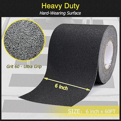S&X Anti Slip Tape 6 Inch x 60 FT Roll, Ultimate Non-Slip Skid Grip Tape for Outdoor Stair Treads, Wooden Steps & Exterior Grips, Black, Grit 60, Waterproof, Extra-Durable, Long-Lasting Tread Strips