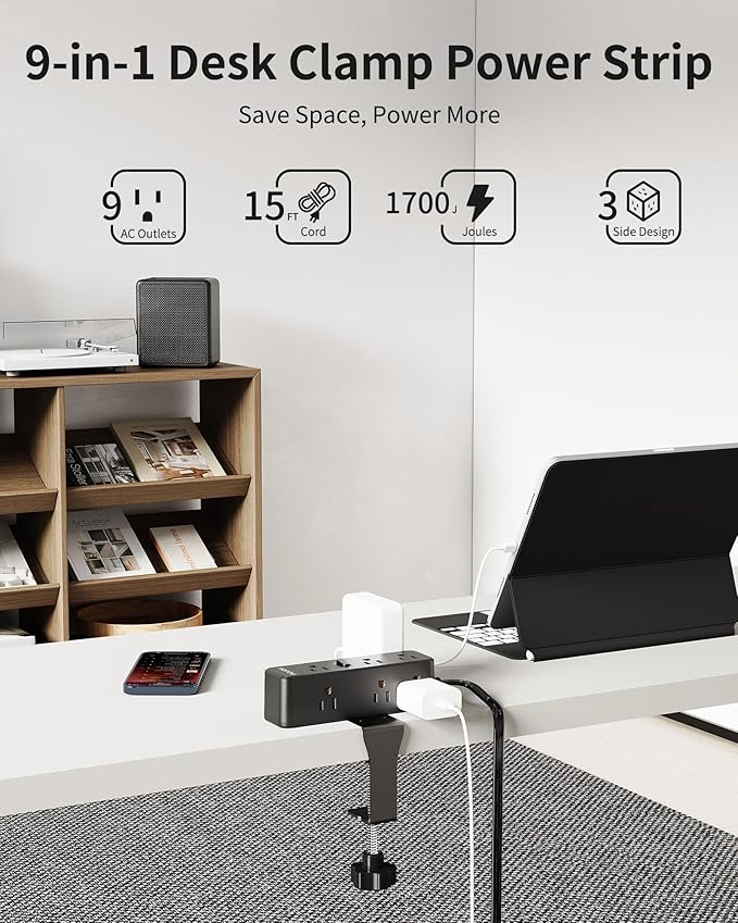 Desk Clamp Power Strip 15FT, Desktop Edge Mount Charging Station with 9 AC Outlets, 1700J Under Desk Surge Protector, Fit 2.75" Tabletop, Extension Cord for Home Office, Black
