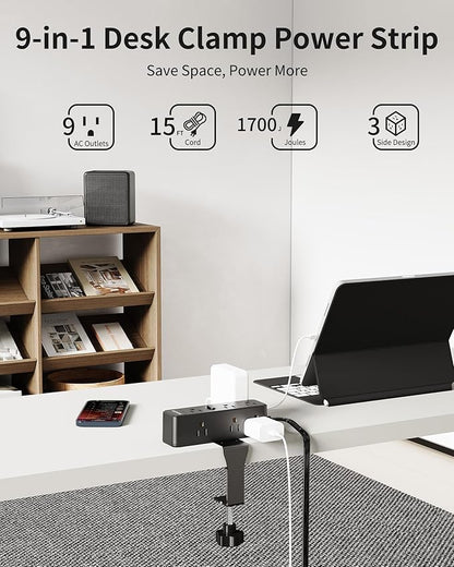 Desk Clamp Power Strip 15FT, Desktop Edge Mount Charging Station with 9 AC Outlets, 1700J Under Desk Surge Protector, Fit 2.75" Tabletop, Extension Cord for Home Office, Black
