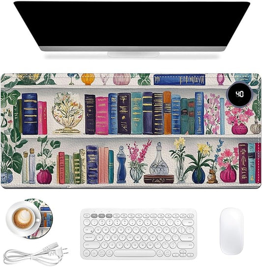 Heated Mouse Pad 31.5x13 in 3-Temp Fast Heating Desk Mat with Auto Timer Warmer for Hands Wrist Pain Relief Waterproof Keyboard Mat for Office, Gaming, Home, Bookshelf Floral