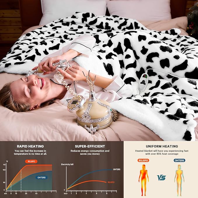 Cow Print Heated Electric Blanket Twin,62X84 Black Heating Blanket with 10 Heats Levels & 8 Hours Auto Off,Cute Cow Decor Fleece Sherpa Blankets Warmer Gifts for Women Couch Office,Washable