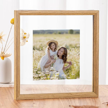Axeman 10x10 Floating Picture Frame -Solid Oak Wood Square Picture Frame, Double Tempered Glass Photo Frame 3x3 4x4 5x5 6x6 8x8 10''x10'' Wood Frame, Wall Mount Or Tabletop Standing, Natural