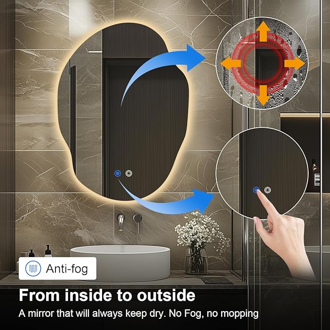 Irregular LED Bathroom Mirror with Lights,Asymmetrical Led Bathroom Vanity Mirror for Wall with Backlit, Anti Fog, 3 Colors and Dimmable Light,[Horizontal/Vertical] 30" H x 22" W