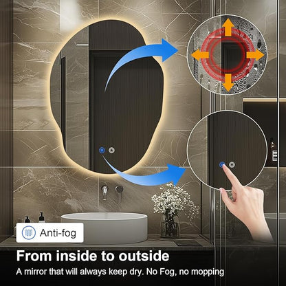 Irregular LED Bathroom Mirror with Lights,Asymmetrical Led Bathroom Vanity Mirror for Wall with Backlit, Anti Fog, 3 Colors and Dimmable Light,[Horizontal/Vertical] 30" H x 22" W