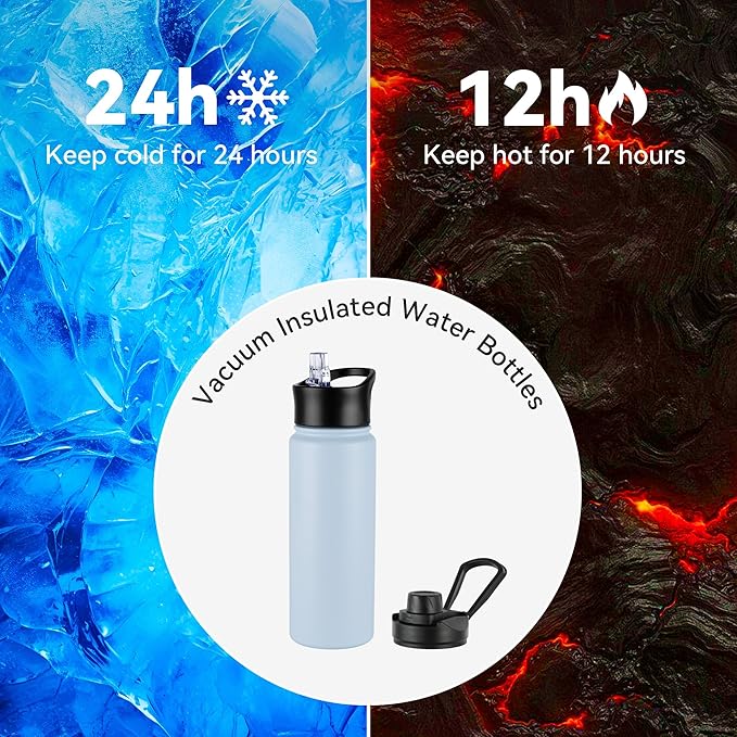 24oz Insulated Water Bottle with Straw Lid, Stainless Steel Metal Water Bottle with Straw & Wide Mouth Lid, Double Wall Vacuum Water Bottle for Hiking Camping, Light Blue 4 Pack