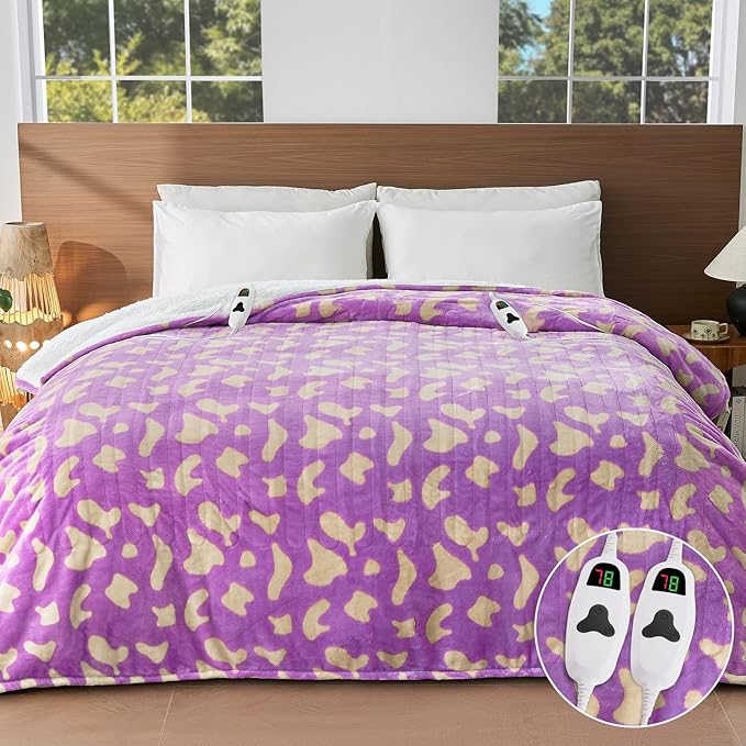 Leopard Print Electric Heated Blanket Queen Size,84X90 Purple Heating Blanket Queen with Dual Control&Timer&10 Heat Levels,Cute Leopard Fleece Sherpa Blankets Warmer Gifts for Bed Women Adults