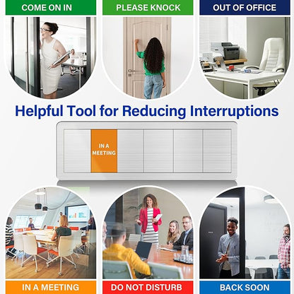 Office Door Signs with 6 Printed Status Options – Do Not Disturb, Out of Office, In a Meeting, Please Knock, Back Soon, Come on in – Includes Custom Personalized Blank Sticker for Privacy Workspace or Studio Available and Away