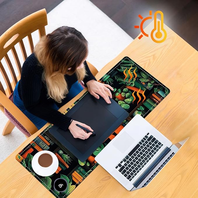 Heated Mouse Pad 31.5x13 in 3-Temp Fast Heating Desk Mat with Auto Timer Warmer for Hands Wrist Pain Relief Waterproof Keyboard Mat for Office, Gaming, Home, Bookshelf Jungle