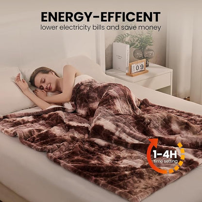 Electric Heated Blanket 90"x100",Luxury White Coffee Faux Rabbit Fur Electric King Blanket,Fast Heating Soft Fluffy Thick Electric Blanket with 6 Heating Levels & 12H Auto Off