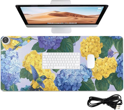 Heated Desk Pad Mouse Pad 31.5x13 Inch PU Leather Desk Mat with 3 Heat Levels Large Mouse Gaming Computer Laptop Mat Blue Hydrangeas Hummingbirds
