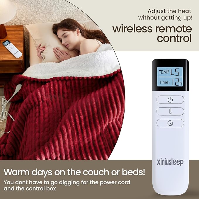 Heated Blanket Electric Blanket 62"x84", Soft Flannel Sherpa Electric Throw with 5 Heating Level & 12 Times Setting, Heated Throw with Overheating Protection, Machine Washable (Red)