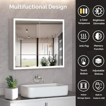 VINGLI Lighted Medicine Cabinet with Mirror Bathroom Mirror Medicine Cabinet Wall Mounted with Storage LED Lights Charging Station Defogger Modern Bathroom Mirrors for over Sink with Storage (32"*28")