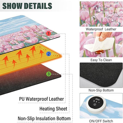 Heated Desk Pad Mouse Pad 31.5x13 Inch PU Leather Desk Mat with 3 Heat Levels Large Mouse Gaming Computer Laptop Mat Pink Tulip Field and Blue Sky