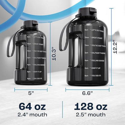 AQUAFIT 128 oz Water Bottle with Time Marker - Straw & Chug Lid - BPA Free 1 Gallon Gym Water Bottle with Handle - Big Gallon Jug (Gray, 128 Ounces)