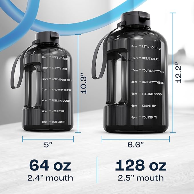 AQUAFIT 128 oz Water Bottle with Time Marker - Straw & Chug Lid - BPA Free 1 Gallon Gym Water Bottle with Handle - Big Gallon Jug (Clarity, 128 Ounces)