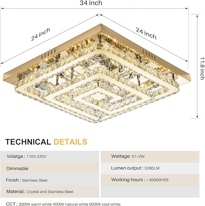 34" Modern Gold Crystal Chandelier with Remote/App Control, Dimmable Flush Mount Ceiling Light Fixture,3-Color Temperature, Led Ceiling Lamp for LivingRoom Bedroom Kitchen DiningRoom Entryway
