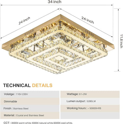 34" Modern Gold Crystal Chandelier with Remote/App Control, Dimmable Flush Mount Ceiling Light Fixture,3-Color Temperature, Led Ceiling Lamp for LivingRoom Bedroom Kitchen DiningRoom Entryway