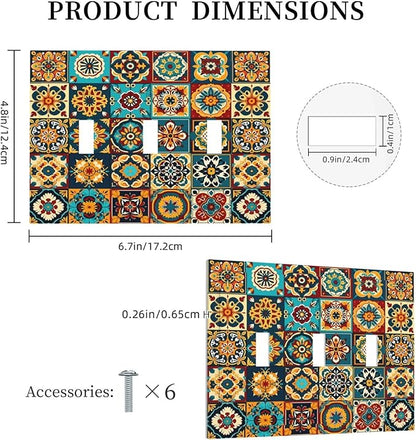 Mexican Talavera Ceramic Tile Moroccan Boho Decorative Switch Plates 3 Gang Wall Plate Triple Toggle Light Switch Cover Faceplate Electrical Wall Panels for Bathroom Kitchen Decor