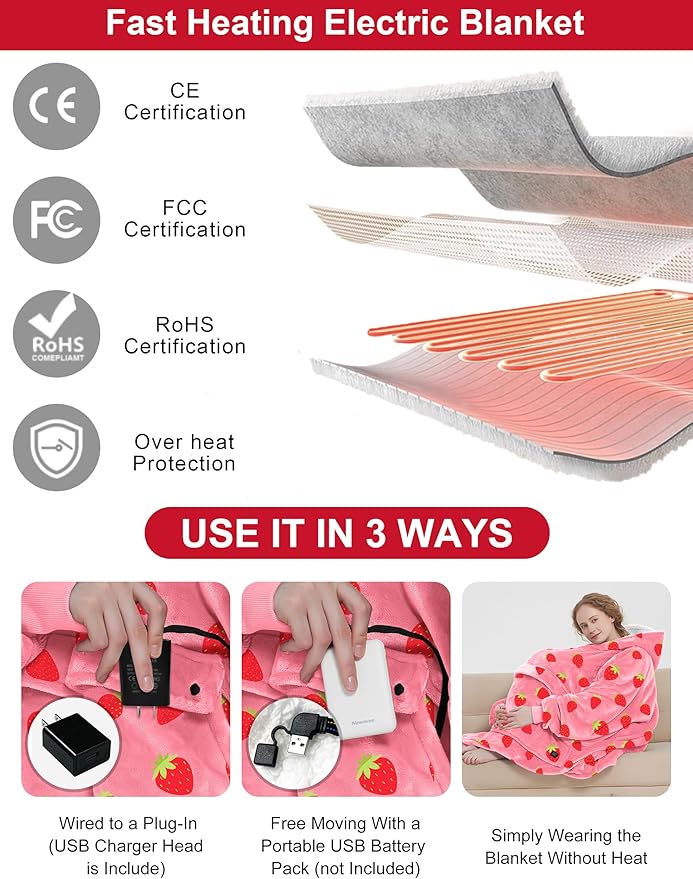 KFUBUO Heated Electric Wearable Blanket Throw Battery Operated Portable USB Cordless Outdoor Hoodie Sweatshirt