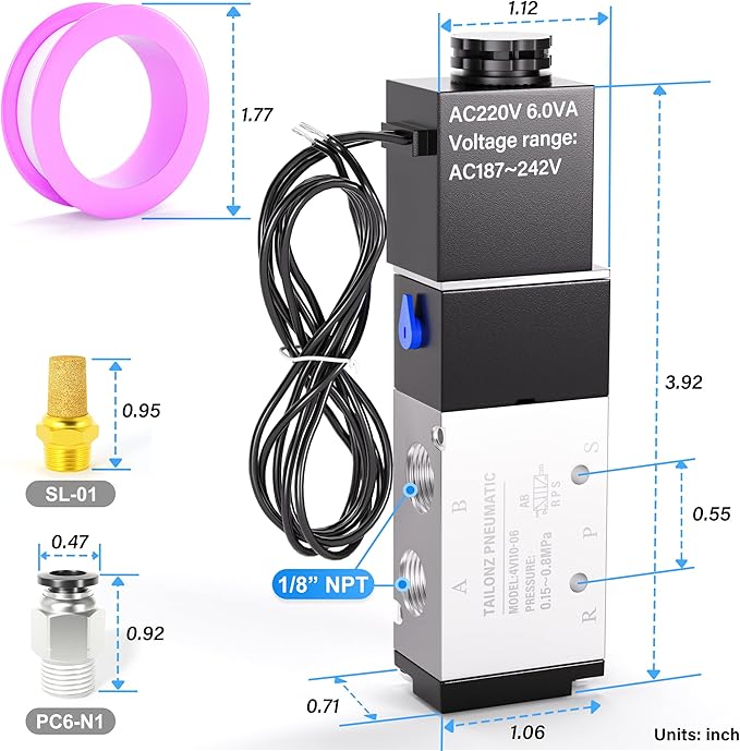 TAILONZ PNEUMATIC 1/8"NPT Solenoid Valve 4V110-06 AC220V Single Coil Pilot-Operated Electric 2 Position 5 Way Connection Type Outlet wire