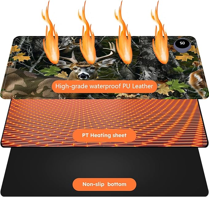 Heated Mouse Pad with 3 Levels Heated & 3 Hours Auto Shut-Off Mouse Pad for Warming Hands in Office Home, 31.5" x 13"Large Safe Desk Mat Hand Warmer，Maple Elk