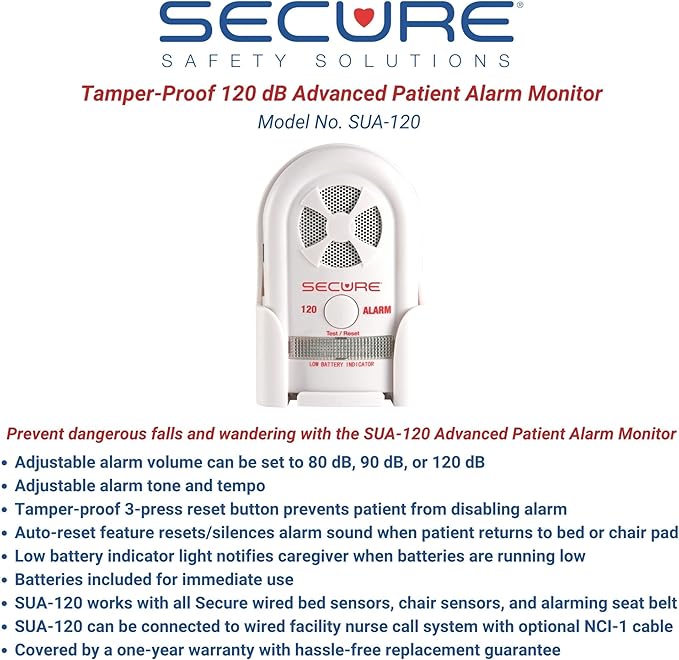 Secure Bed Alarm for Elderly Adults - Long-Term 12 x 30 in. Pressure Sensor Pad, 120 dB Caregiver Alert Monitor & Power Adapter - Smart and Reliable Fall Prevention for Seniors, Dementia Patients