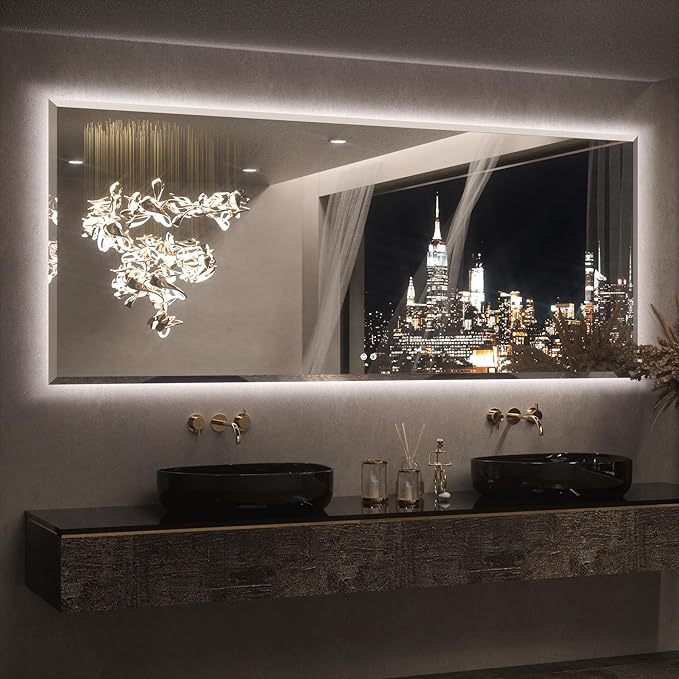 Keonjinn 84 x 36 Inch Oversized Backlit Bathroom Mirror with Lights, Large LED Vanity Mirror for Wall, Frameless Beveled Edge, Tempered Glass, UL-Listed, 3000K/4500K/6500K, Defogging, Dimmable