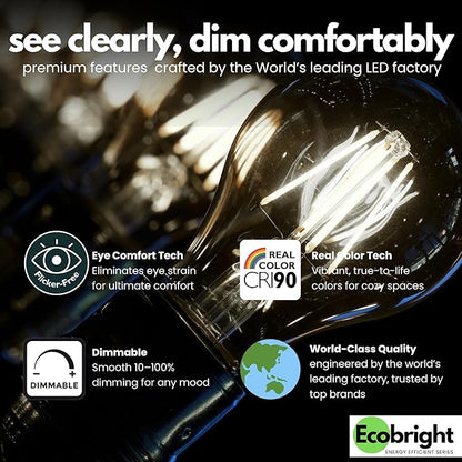 EcoBright 8PK Dimmable A19 LED Filament Bulb 40W Equivalent 5W E26 Base 450 Lumens CRI90 Flicker Free Clear Glass Energy Star Title 20 Daylight 5000K for Lamps Ceiling Fixtures and Indoor Use
